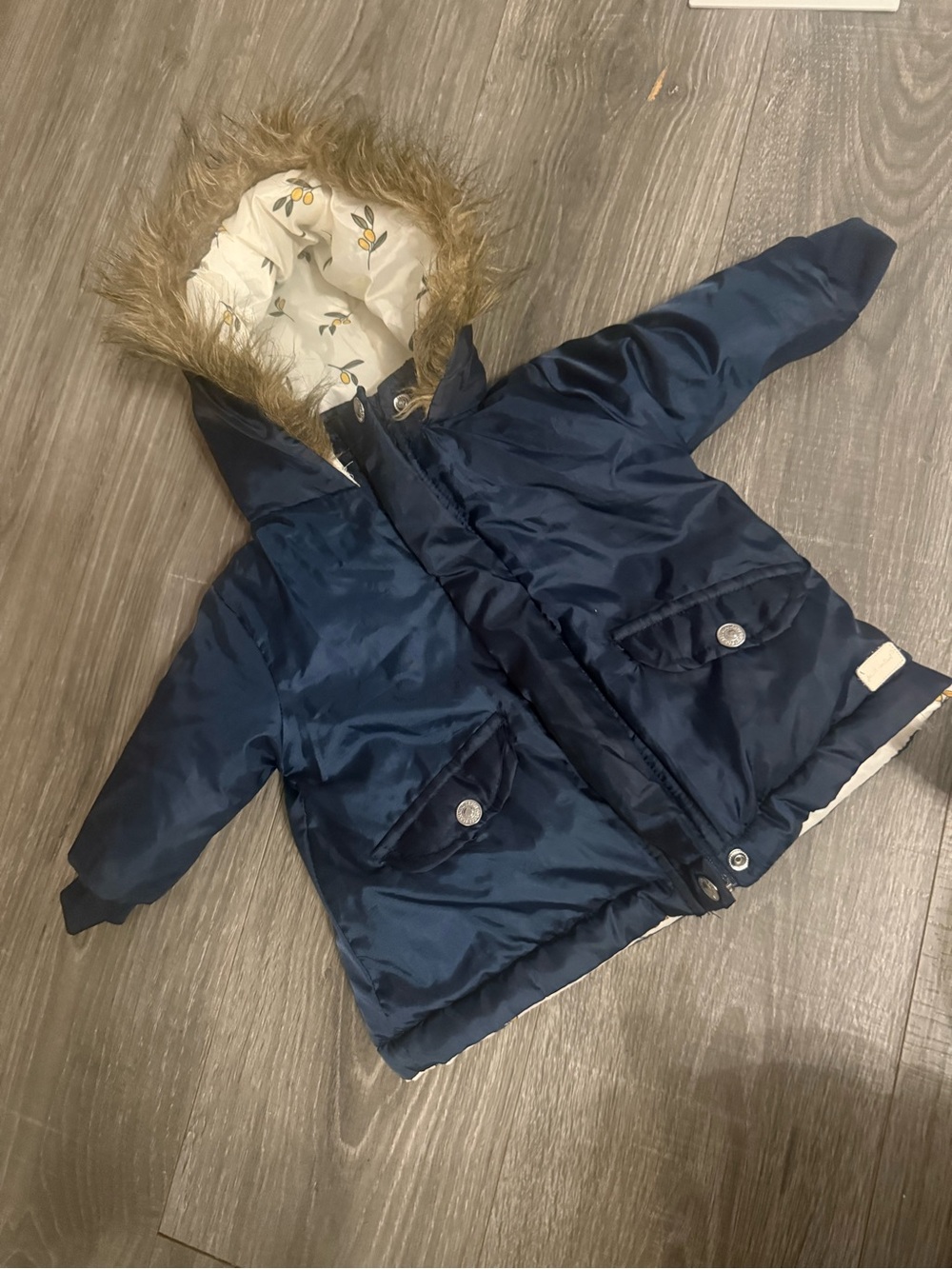 7 For All Mankind Navy Blue Puffer Jacket with Faux Fur Hood